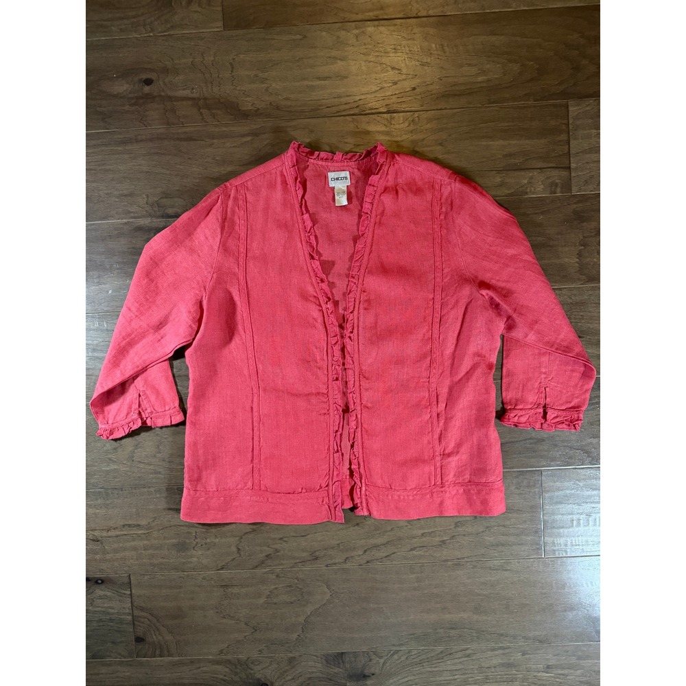 Chicos Coral Red 100% Linen Ruffle Trim Open Front Jacket 3/4 Sleeve Size 3 XL